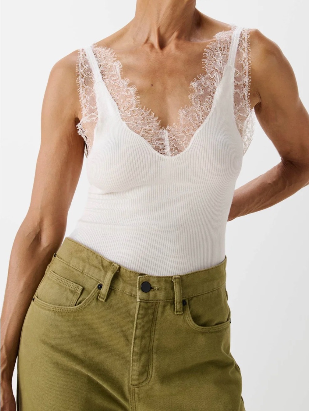 ALEX EAGLE silk THE KEW Ribbed VEST Lace-Trim V-Neck Camisole - White
